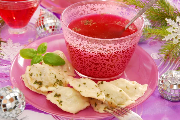 Red borscht and ravioli (pierogi) for christmas — Stock Image Red borscht and ravioli (pierogi) for christmas Royalty Free Stock Images
