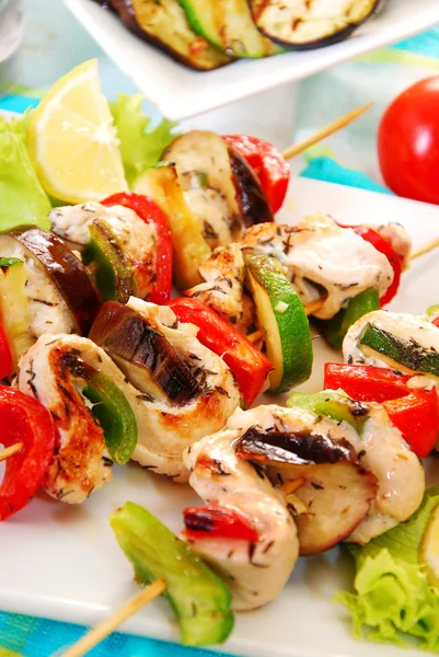 Chicken and vegetable skewers — Stock Photo, Image