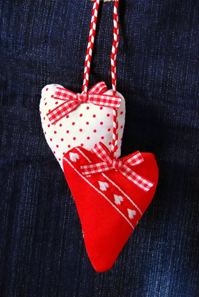 Valentine`s card with hearts on denim background — Stock Photo, Image