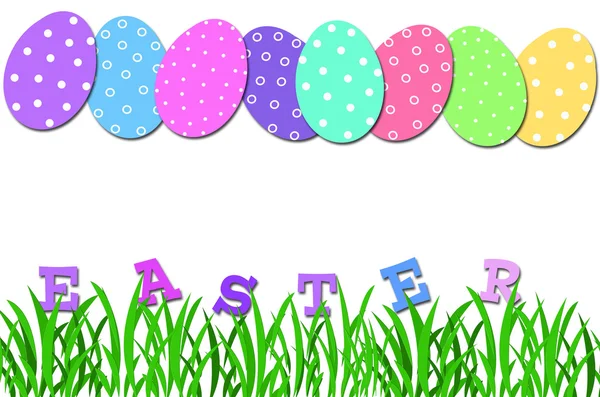 Пасхальная открытка с яйцами в ряд и травой — стоковое фото