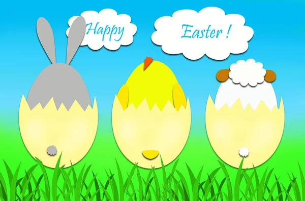 Paskalya kartı ile tavşan, tavuk ve kuzu yumurtaları içinde — Stok fotoğraf