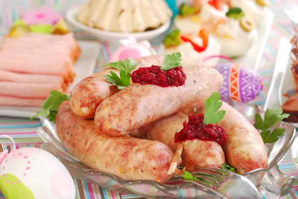 White sausage with beetroot sauce for easter — Stock Photo, Image