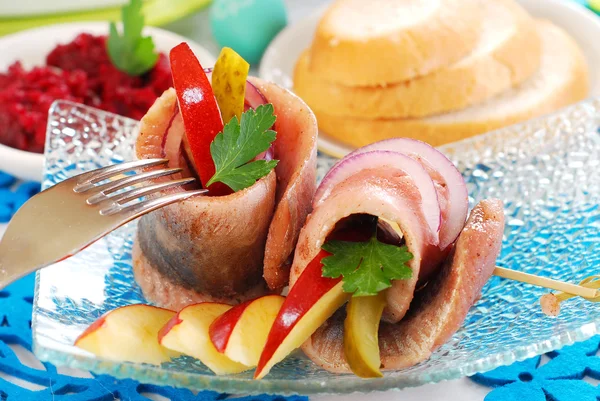Spicy herring rolls with apple and gherkin for easter — Stock Photo, Image
