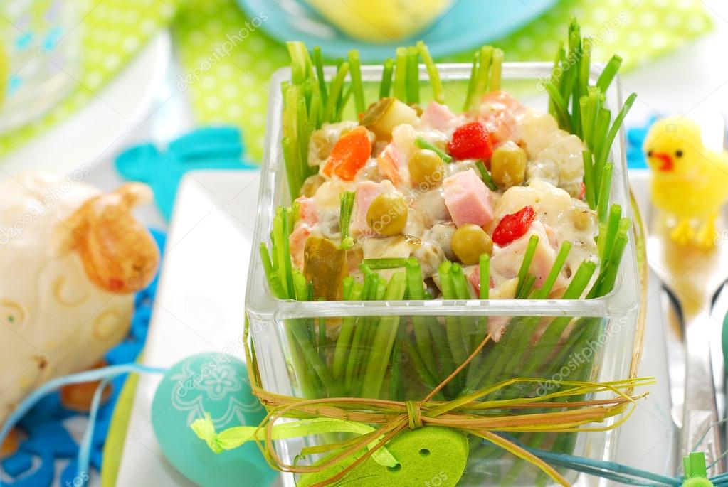 vegetable salad with ham and mayonnaise for easter