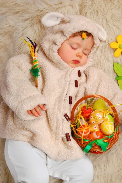 Sleeping baby girl as easter sheep — Stock Photo, Image