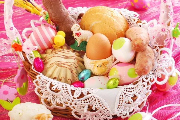Easter basket with traditional food and decorations Royalty Free Stock Images