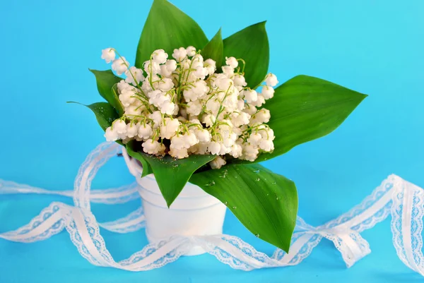 Lily of the valley bunch on blue background — Stock Photo, Image