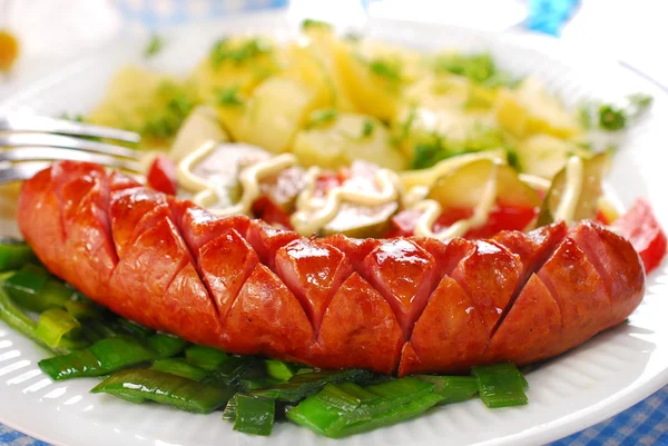 Embutidos a la parrilla, ensalada de verduras y patatas — Foto de Stock