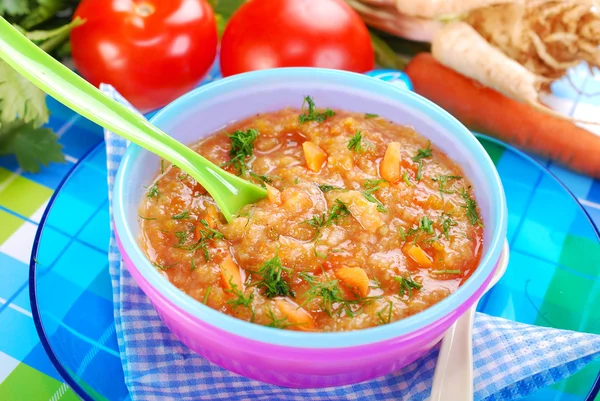 Sopa de tomate com legumes para bebê — Fotografia de Stock