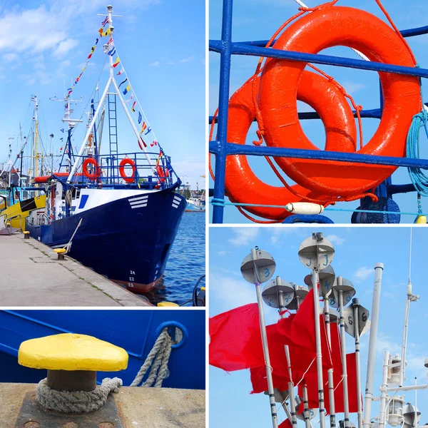 Marine collage with small tourist ship and details — Stock Photo, Image