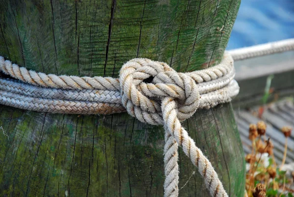 Old wooden mooring bollard with knotted rope — Stock Photo, Image
