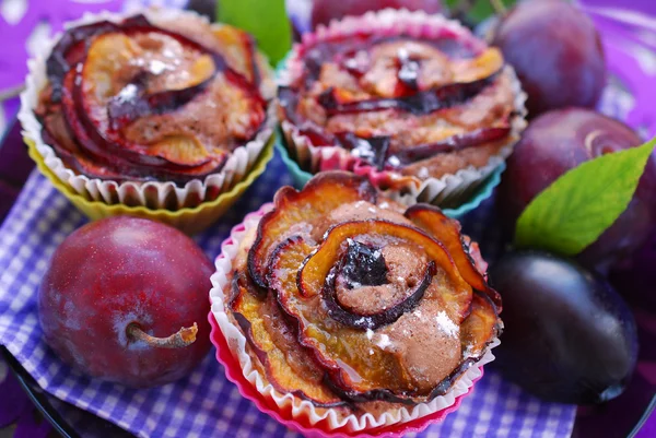 Muffins with plums in rose shape — Stock Photo, Image