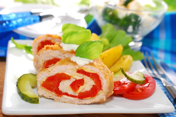 Turkey roulade stuffed with cheese and red pepper — Stock Photo, Image