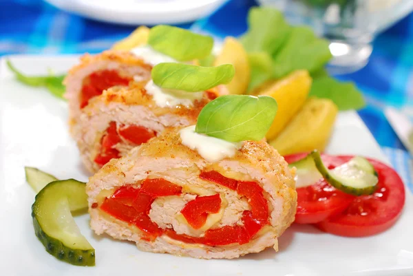 Turkey roulade stuffed with cheese and red pepper — Stock Photo, Image