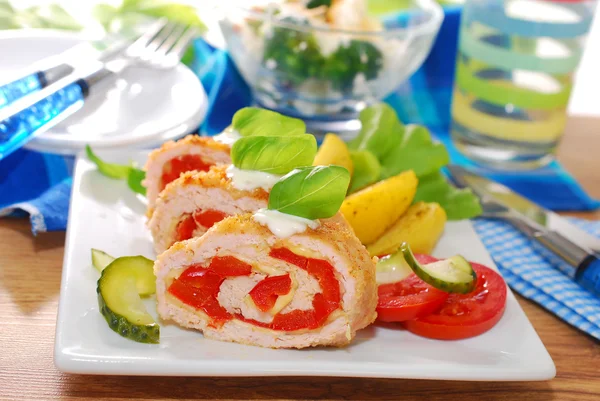 Turkey roulade stuffed with cheese and red pepper — Stock Photo, Image