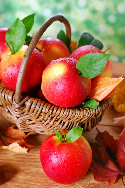 Äpplen med vattendroppar i korgen — Stockfoto