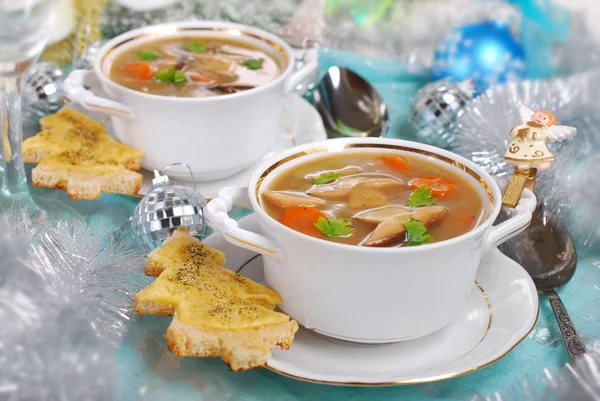 Cream cep soup with cheese toast for christmas — Stock Photo, Image