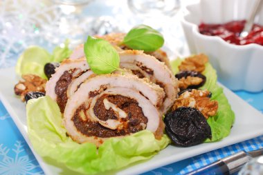 turkey roulade with prune and walnuts for christmas clipart
