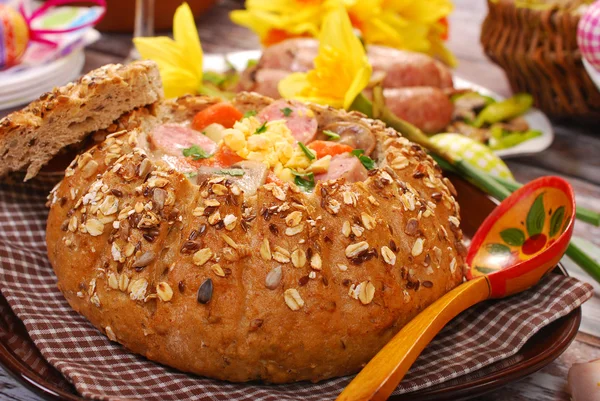 White borscht in bread for easter — Stock Image White borscht in bread for easter Royalty Free Stock Photos