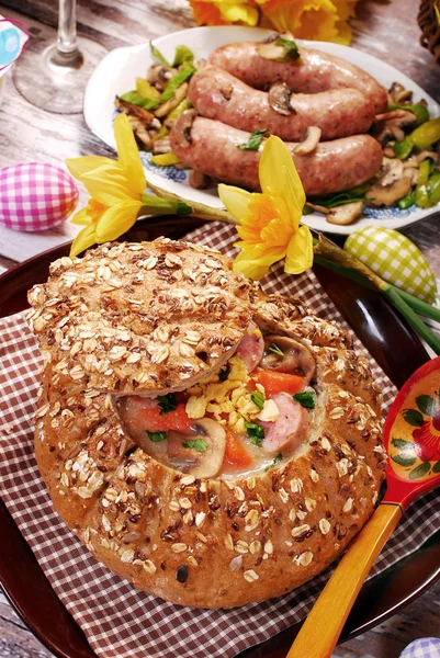 White borscht in bread for easter — Stock Image White borscht in bread for easter Royalty Free Stock Images