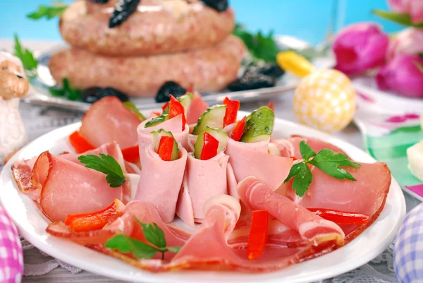 Ham slices on the plate for easter — Stock Photo, Image