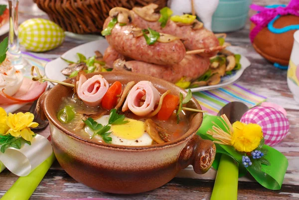 White borscht with rolled ham on skewer for easter — Stock Image White borscht with rolled ham on skewer for easter Stock Picture