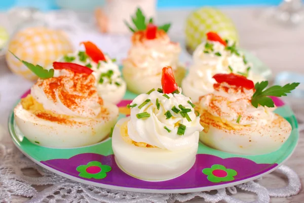 Stuffed eggs with cheese and mayonnaise for easter — Stock Photo, Image