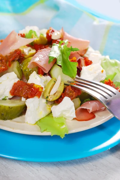 Salad with ham,feta and vegetables — Stock Photo, Image