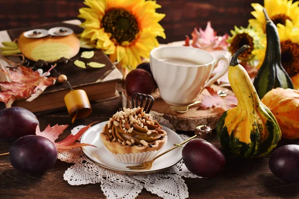 Fall Still Life Butterscotch Cupcake Cup Coffee Seasonal Decors Wooden — Stock Photo, Image