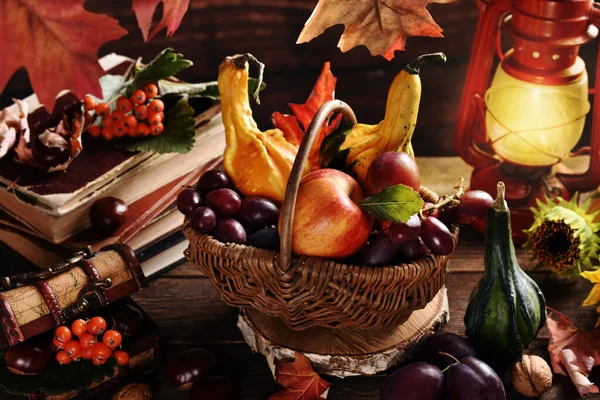 Autumn Still Life Seasonal Fruits Decors Wicker Basket Rustic Style — Stock Photo, Image