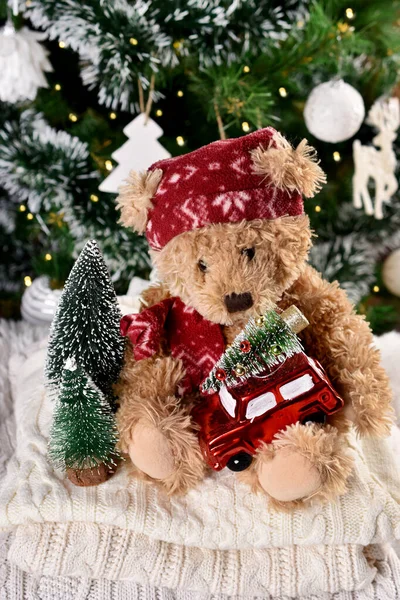 Vánoce Zátiší Roztomilým Medvídkem Sedí Zimní Svetry Drží Červené Auto — Stock fotografie