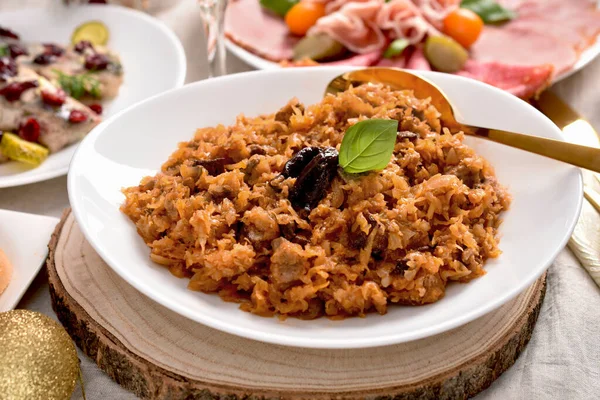 Bowl Traditional Polish Sauerkraut Stew Mushrooms Meat Tomatoes Christmas Dinner — Stock Photo, Image