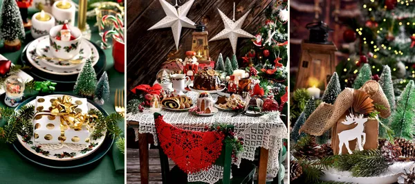 Vánoční Koláž Slavnostním Stolem Rustikálním Stylu Tradičním Pečivem Prostíráním Stolu — Stock fotografie