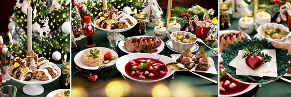 Christmas Collage Traditional Polish Christmas Eve Dishes Pastries Wafer Festive — Stock Photo, Image