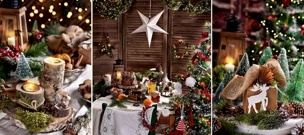 圣诞拼贴与乡村风格的装饰和节日餐桌与传统糕点 — 图库照片