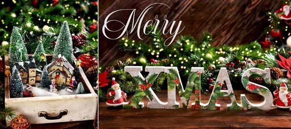 印有时尚信件Xmas照片的圣诞快乐拼贴 矗立在木制桌子上 在旧抽屉里的冬季场景装饰 — 图库照片