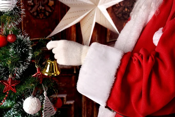 Closeup Santa Claus Hand Holding Christmas Bell Ringing — Stock Photo, Image