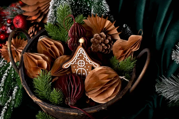 Wicker Basket Full Diy Paper Decors Two Colors Pine Cones — Stock Photo, Image