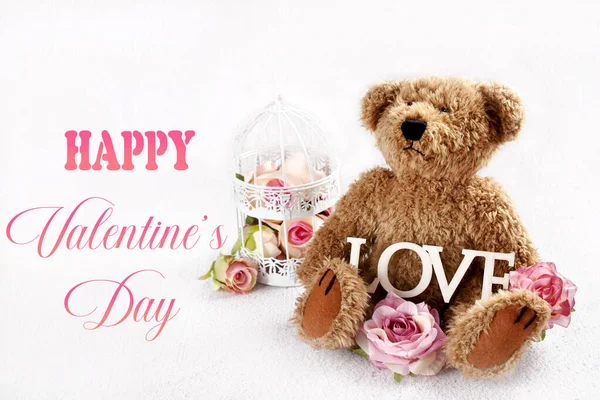 Valentines Card Cute Teddy Bear Roses Wooden Love Inscription Sitting — стоковое фото