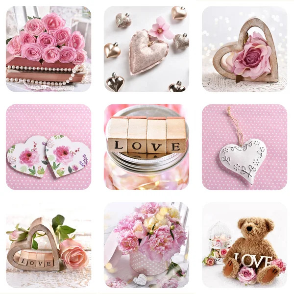 Valentines Collage Pictures Love Symbols Pastel Colors White Frame — стоковое фото