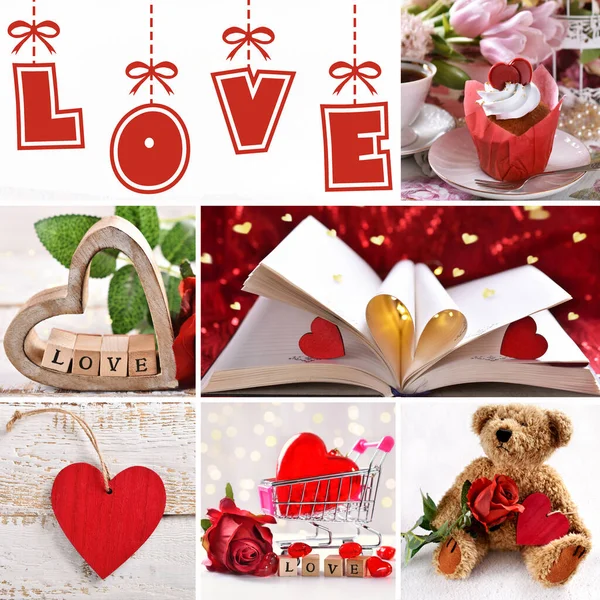 Valentines Collage Met Verschillende Liefdessymbolen Inscripties Rode Witte Kleuren — Stockfoto