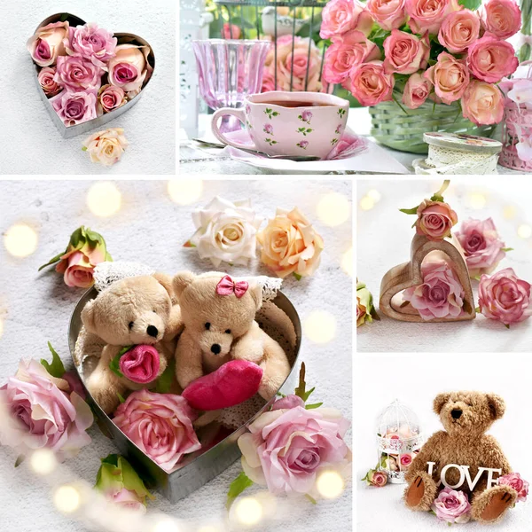 美しいテディベアの写真やパステルカラーのバラのコレクションとバレンタインのコラージュ — ストック写真