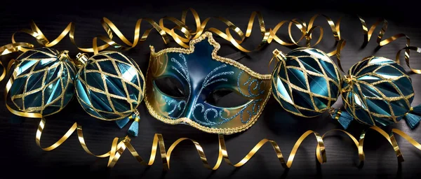 Banner Fiesta Carnaval Con Máscara Veneciana Adornos Color Turquesa Dorado —  Fotos de Stock