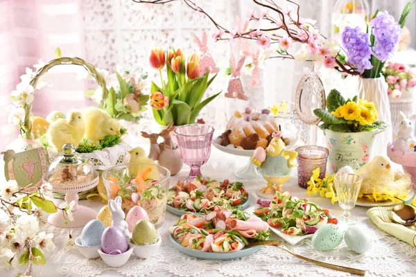 Festive Table Easter Breakfast Fresh Salads Ham Stuffed Eggs — Stock Photo, Image