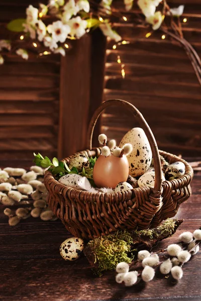 Easter Still Life Wicker Basket Filled Eggs Catkins Wooden Table — Stock Photo, Image