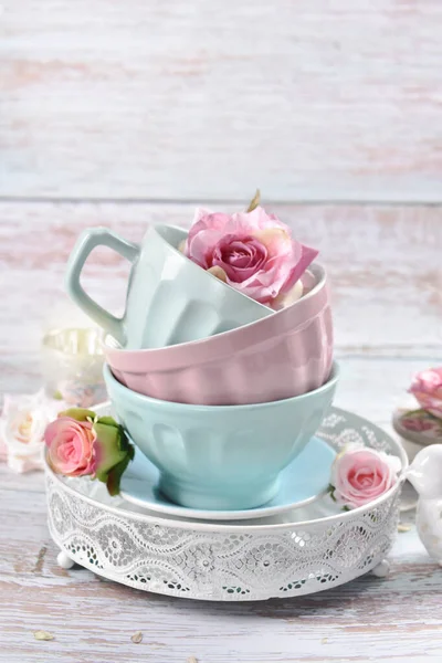Romantic Still Life Stack Pastel Color Bowl Cups Filled Roses — Zdjęcie stockowe