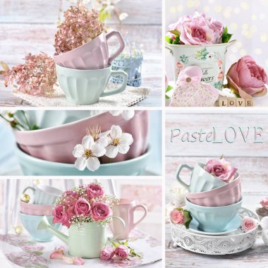 Collage Pastelove with collection of ceramic cups and bowls in pastel colors and flowers