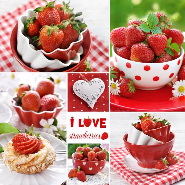 Encantan Las Fresas Collage Con Colección Cuadros Colores Rojo Blanco — Foto de Stock