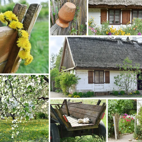 Landelijke Collage Met Oud Huisje Paardenkar Tuin Details — Stockfoto