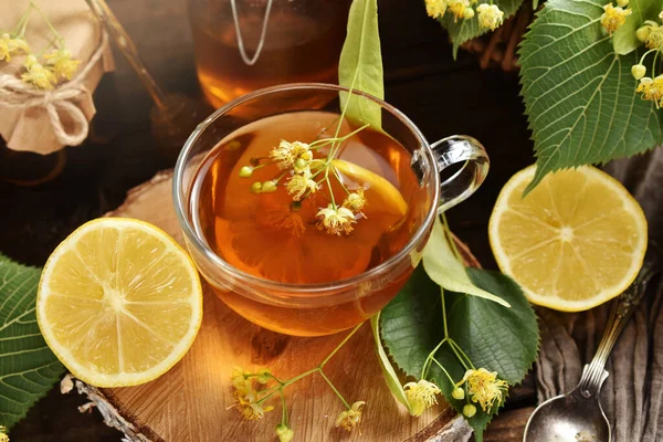 Glass Healthy Linden Tea Honey Lemon Cold Immunity — Stock Photo, Image